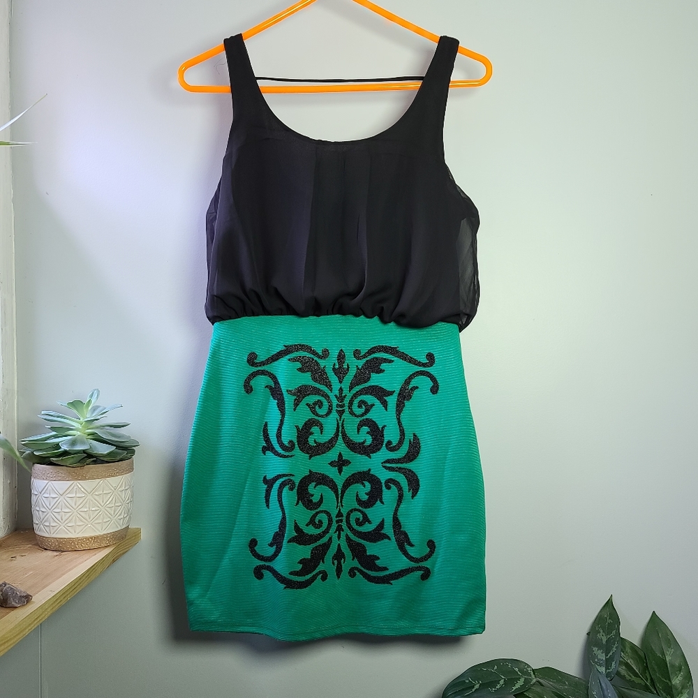 NWOT Wet Seal Green Black Beaded Mini Dress Large